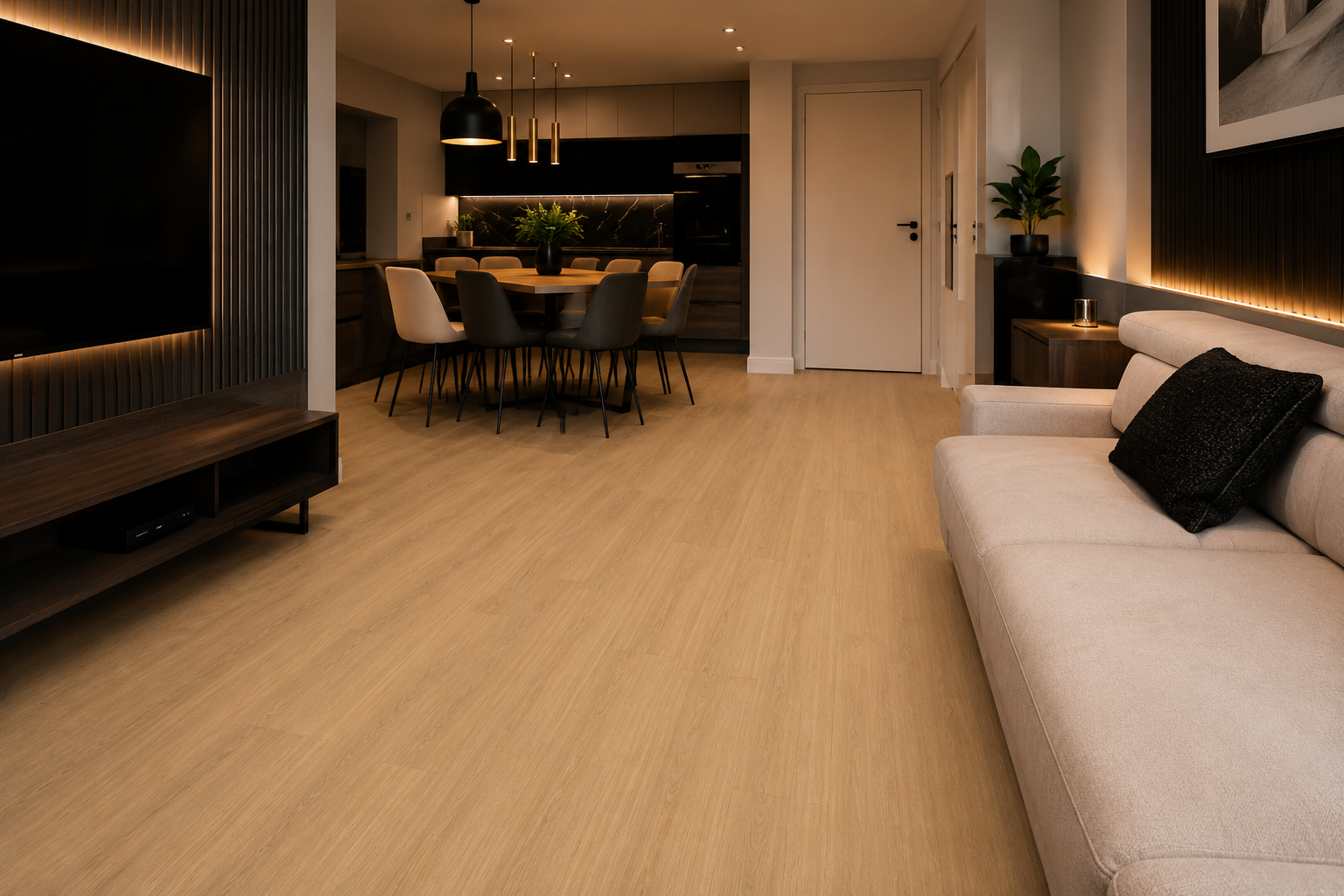 Sala moderna com piso vinílico claro